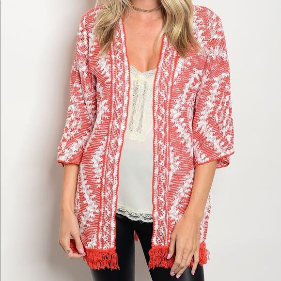 Tribal Print Cardigan Red Fringe Open Sweater - Picture 1 of 6